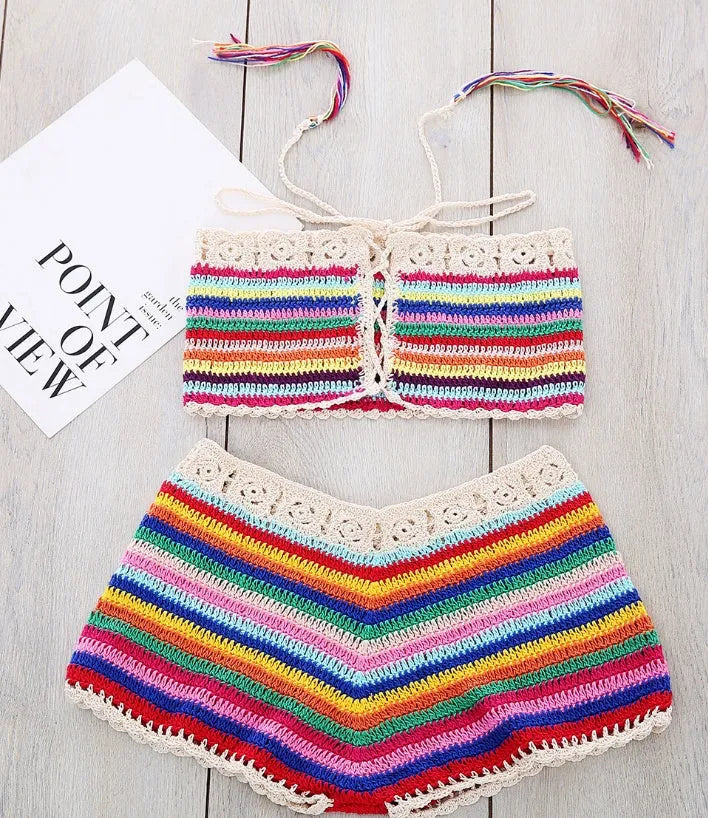 Women's colour striped handmade bikini in red suit, mercerised cotton and acrylic with cotton lining, sizes S M L