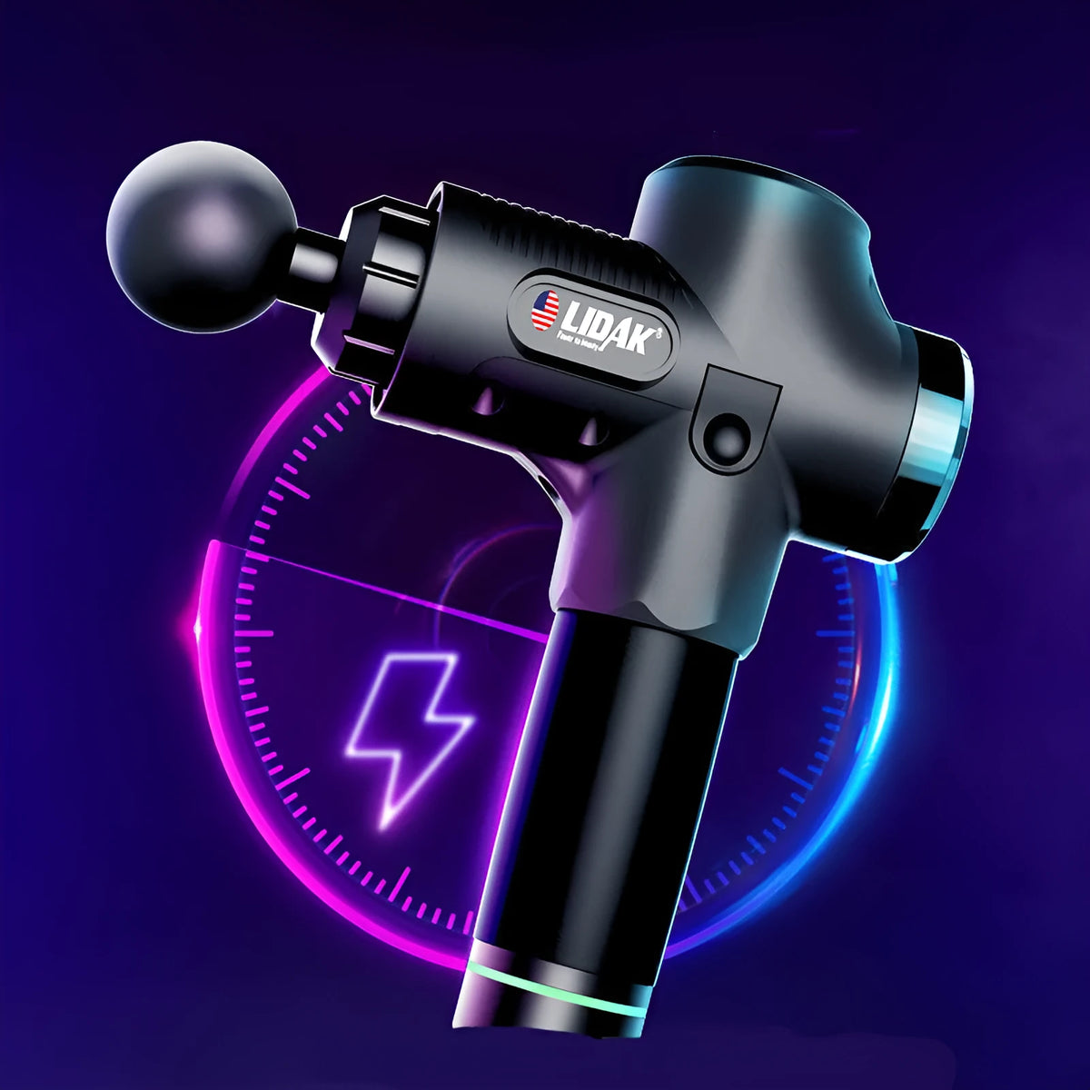Fascia massage gun with 24V brushless motor, 30-speed control, six soft massage heads, and 2400mAh lithium battery in black.