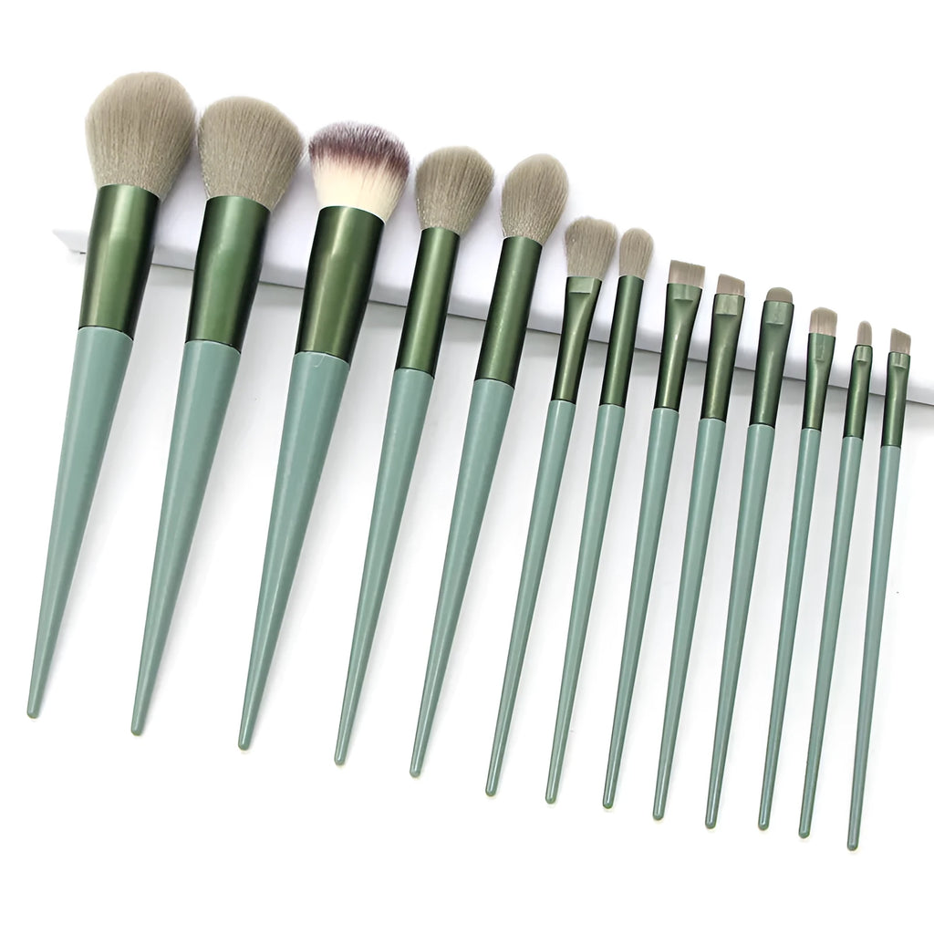 13 piece green makeup brush set with man-made fibre bristles and plastic handles