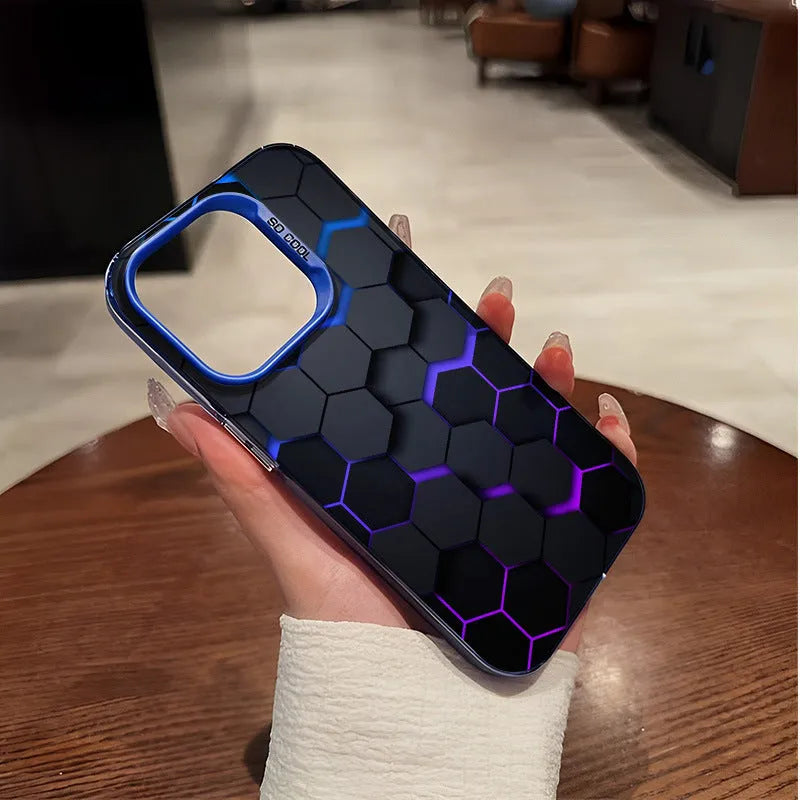 Frosted black iPhone case with honeycomb square pattern on the back.