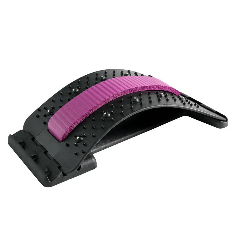 A blue and black adjustable back stretcher with 8 massage heads in a rectangular trapezoid shape for waist and back pain relief.