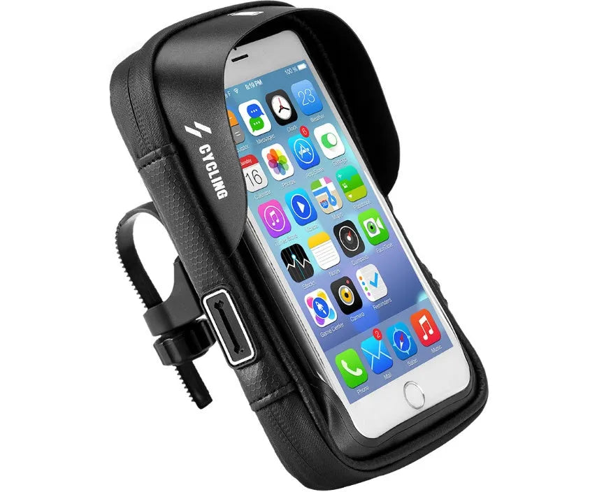 Black bicycle handlebar bag with transparent touch screen phone mount and rotating base mounted on a bike