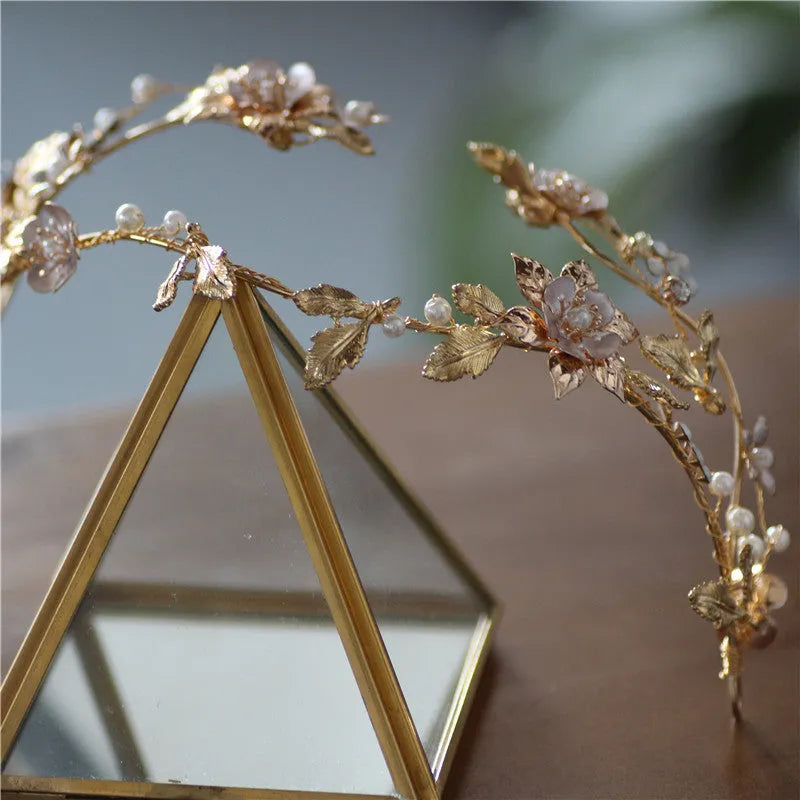 Shaped asymmetric handmade bridal crown Kc gold with imitation pearl and rhinestone details