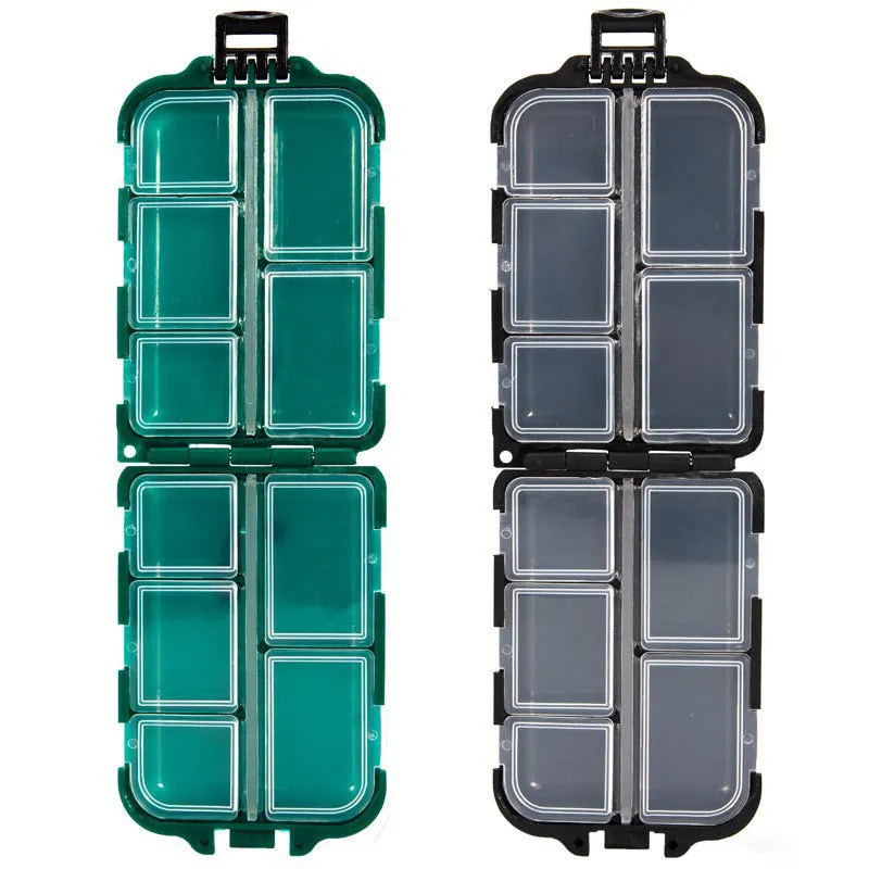 Black plastic fishing tackle storage box with 10 internal compartments.