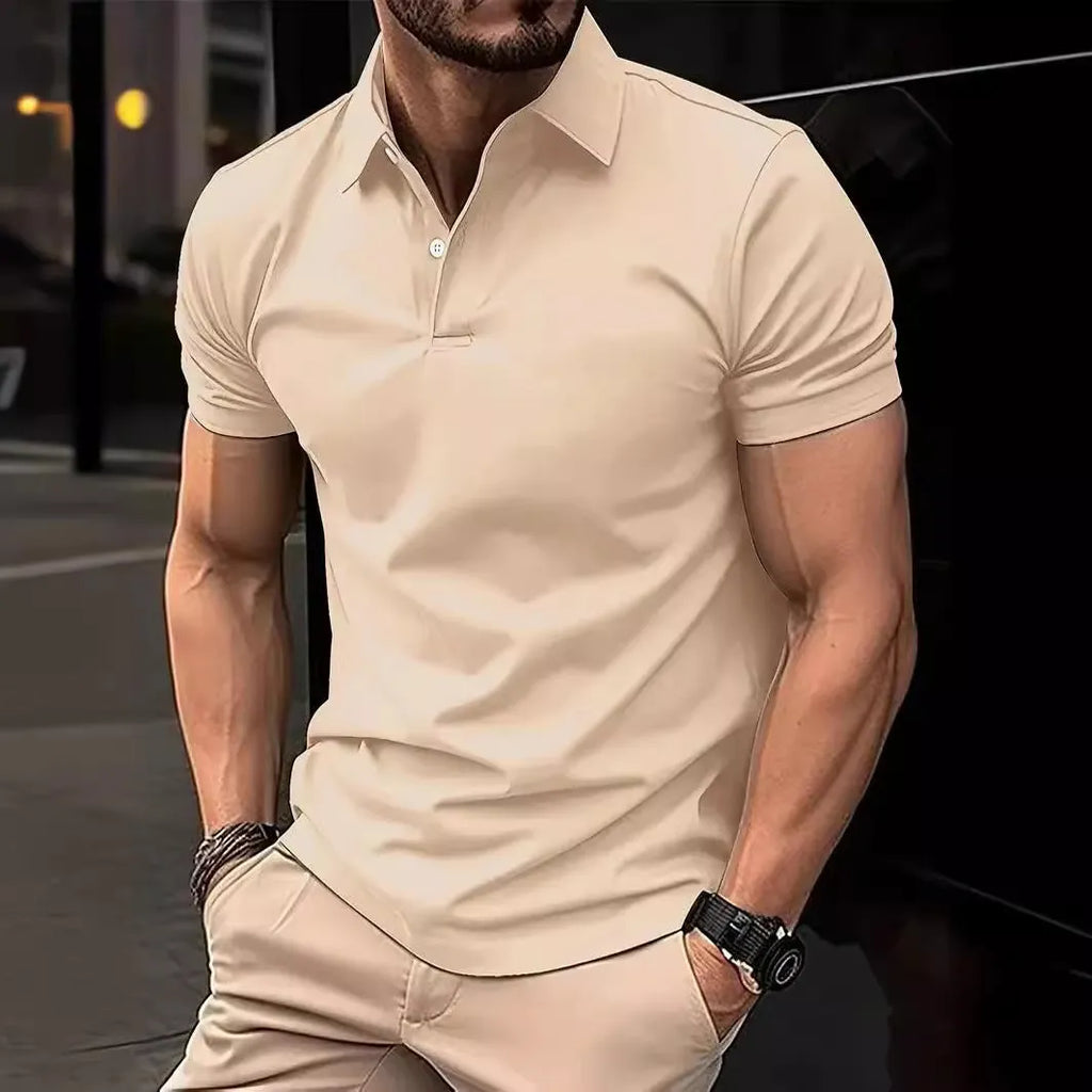 Men's solid colour casual short sleeve button shirt in slim fit, shown in multiple colour options.