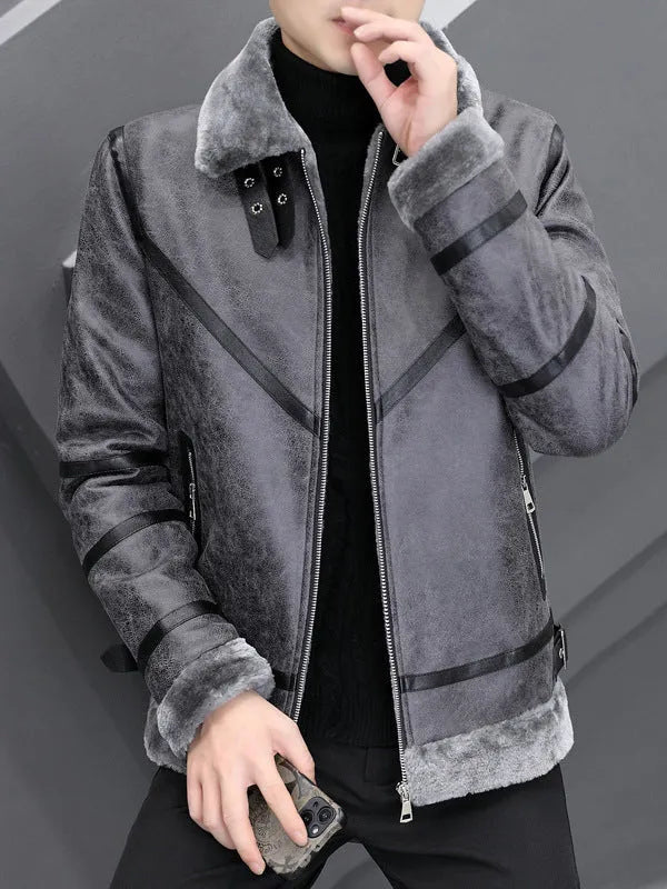 Men's faux leather coat with thick fur collar in grey, black or khaki, regular fit, sizes M to 3XL