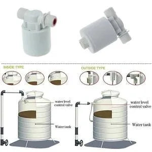 White nylon automatic float valve with threaded connection for purified water level control.