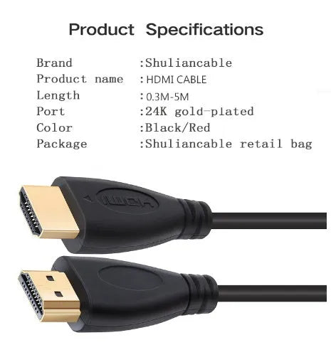 Gold-plated HDMI cable with male connectors in multiple lengths from 0.3m to 5m