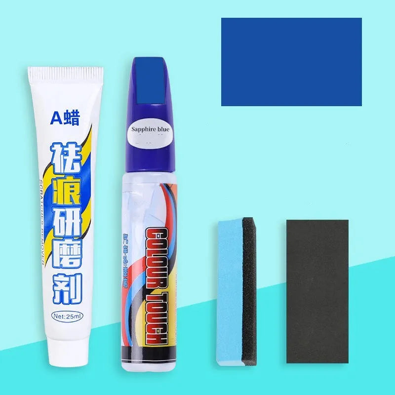 Automotive paint repair pen kit with scratch removal fluid and touch-up paint in universal colours