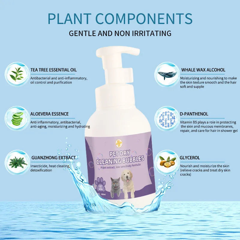 Disposable foam pet antibacterial anti-itching shampoo in 300ml and 500ml bottles for body deodorisation of dogs and cats