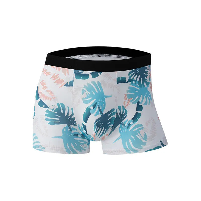 Men's Ice Silk printed underwear in floral design showing mid waist fit.