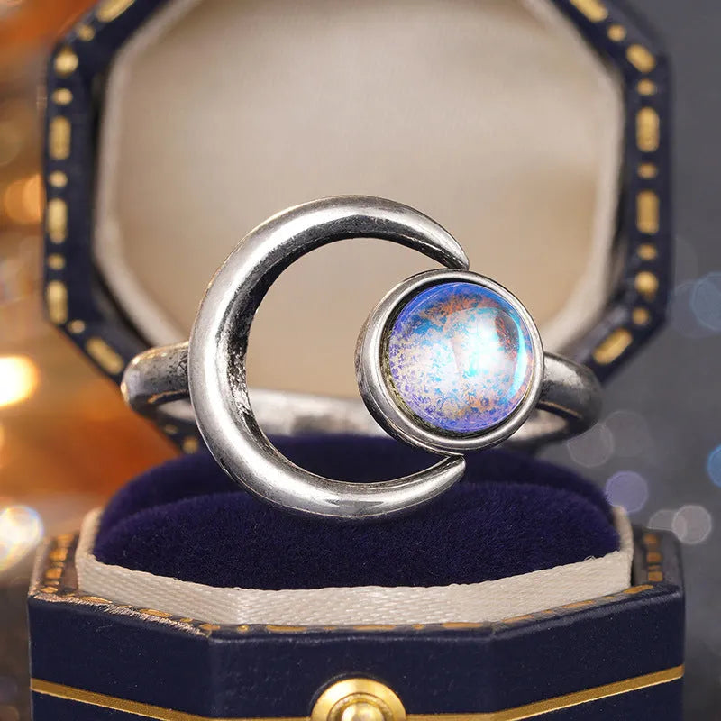 Antique silver moonstone ring for women with adjustable opening on copper band