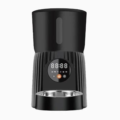 Black and white automatic pet feeder with USB power connection for timed remote feeding