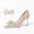 Champagne crystal sequin pointed stiletto heels with low-cut vamp for wedding banquets