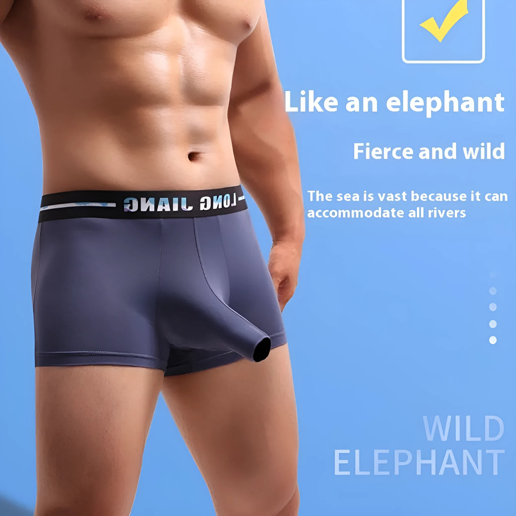 Men's solid colour Ice Silk trunk open boxer shorts laid flat, showing mid-waist design.