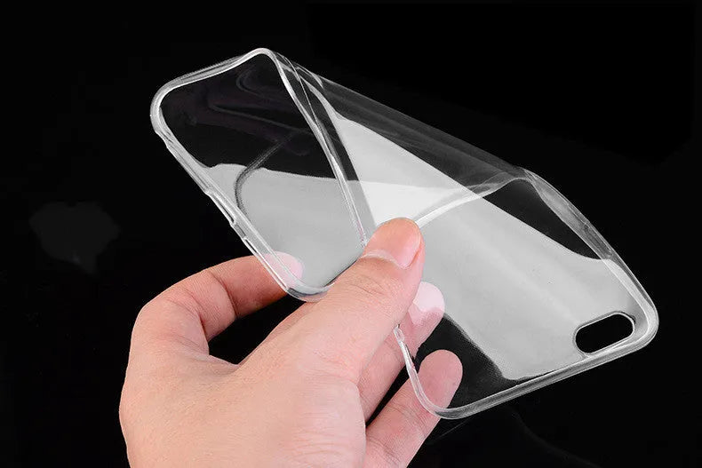 Transparent flexible TPU soft shell case on an iPhone, showing slim profile and full phone visibility.