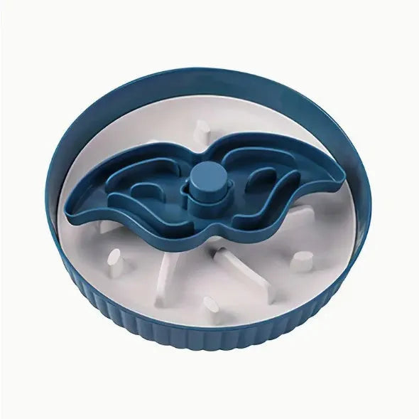 Slow feeder pet bowl with rotating game board, anti-choke silicone pad, and interchangeable licking mat in blue.