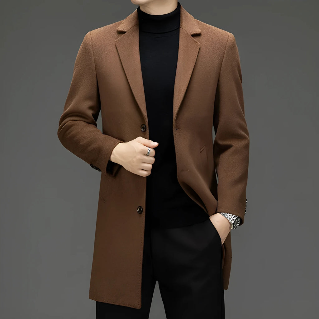 Men's solid colour woolen trench coat in Black with notch lapel, light business style, Asian size 170-195