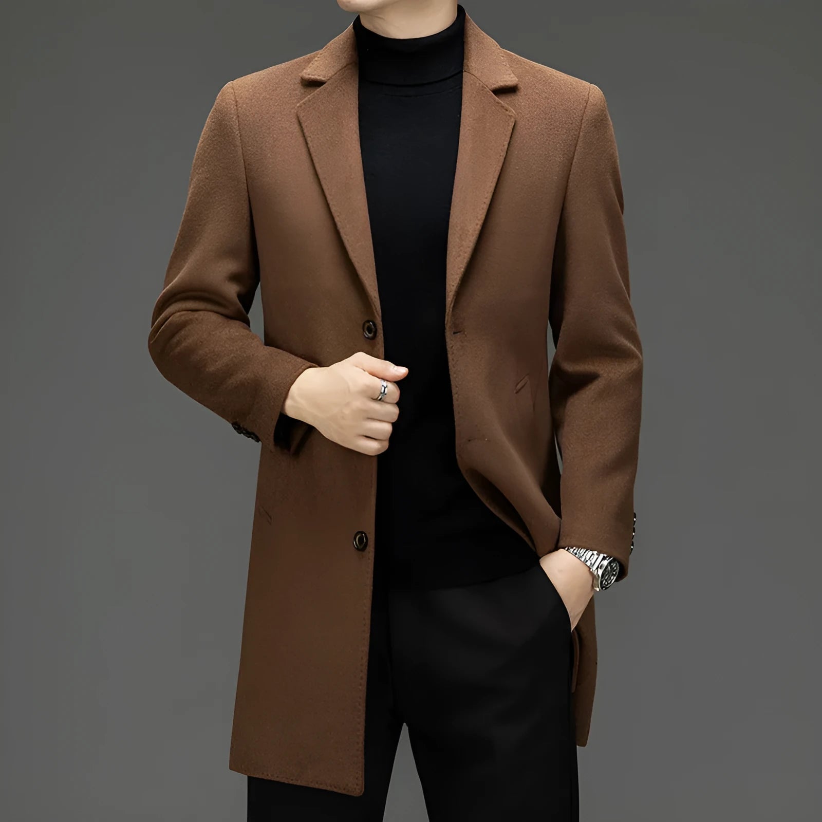 Men's solid colour woolen trench coat in Black with notch lapel, light business style, Asian size 170-195
