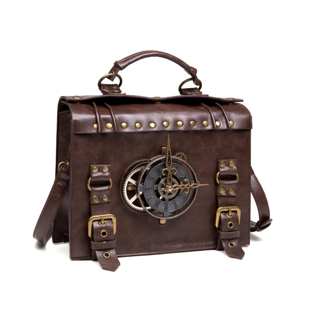 Bronze steampunk industrial retro shoulder bag with metal details and horizontal square pillow shape