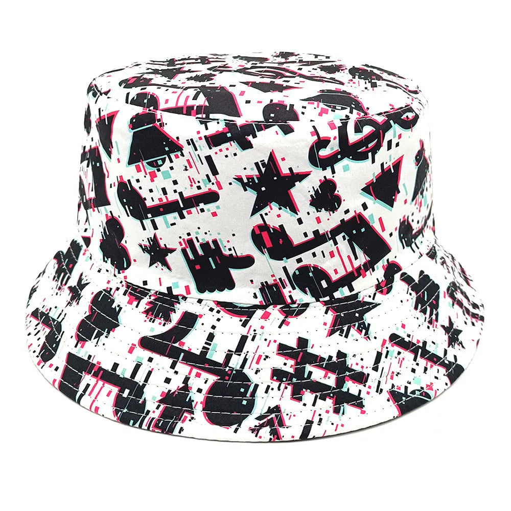Polyester bucket hat with musical note pattern printing in retro style for outdoor sun protection