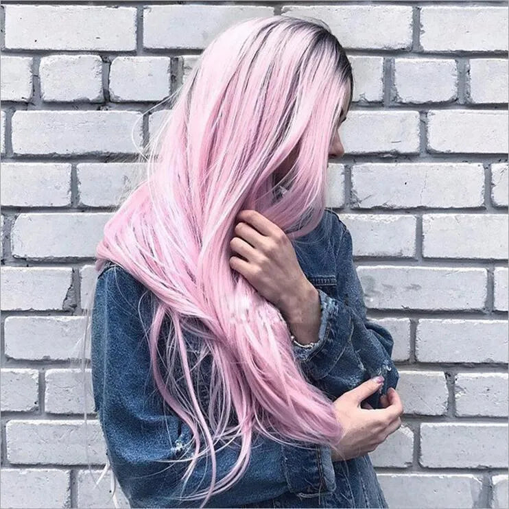 Long straight gradient fake hair wig with air bangs, high temperature silk, Korean style for women, gradient light pink colour