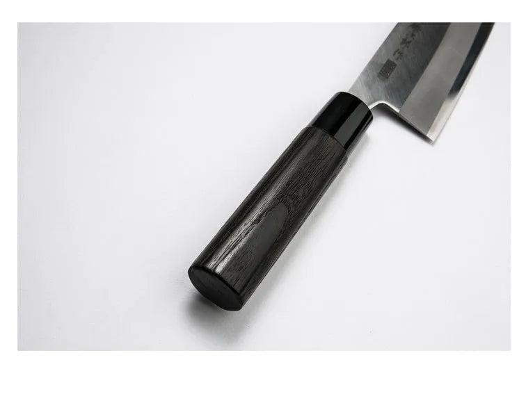Multi-purpose kitchen knife with V silver steel blade, chestnut handle, 193mm blade length, and 62° point.