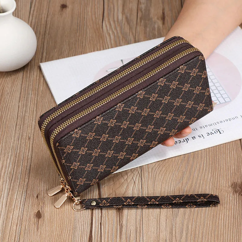 Black PU leather long wallet clutch with mobile phone compartment and zip coin purse