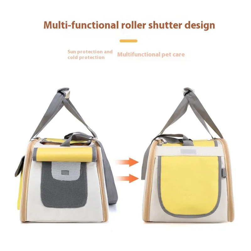 Large foldable single shoulder pet bag in canvas material, shown in yellow colour.