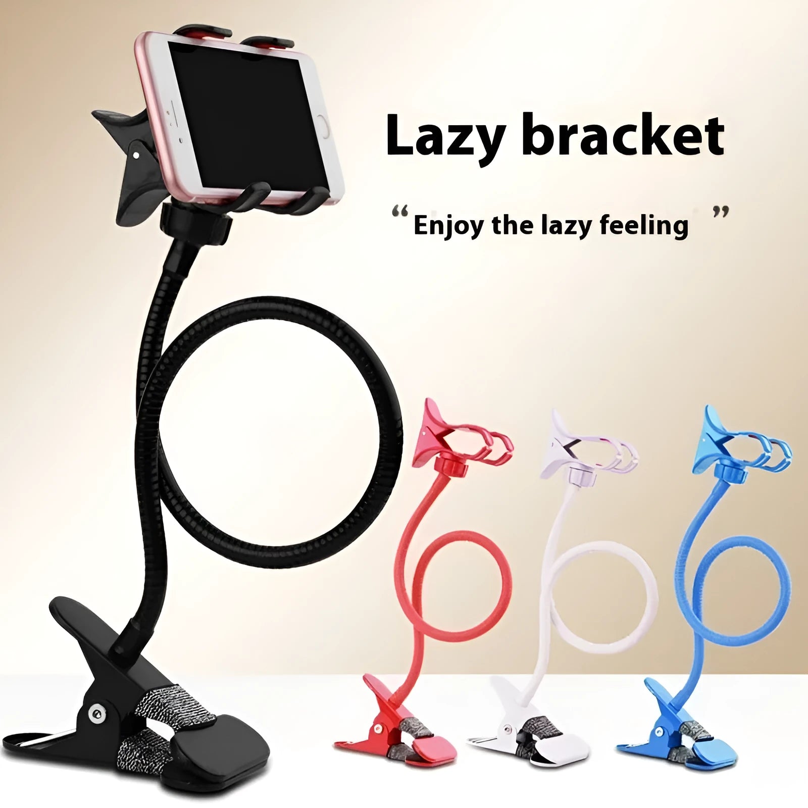 Black metal lazy stand gadget with rotary clip holding mobile phone on bedside table