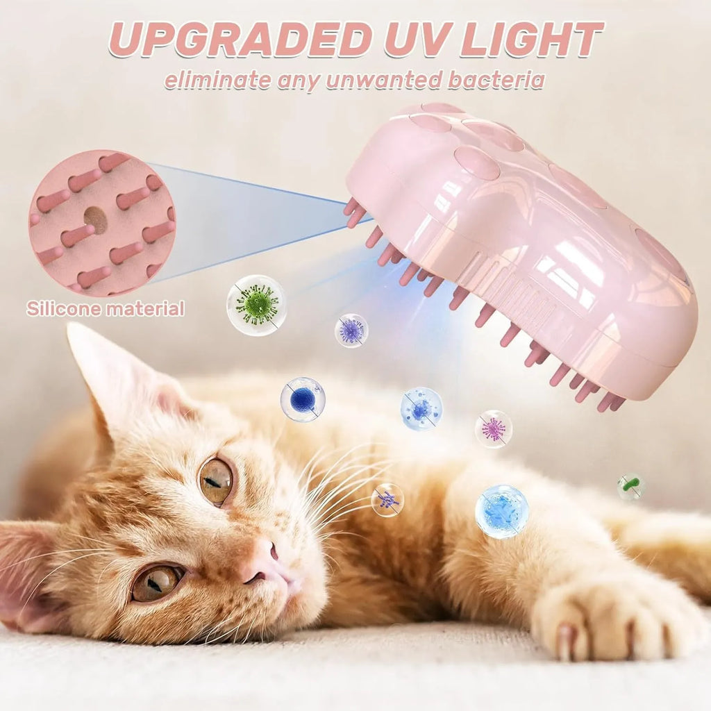 Self-cleaning cat steam brush with silicone bristles, spray nozzle, and release button in blue, green, or pink