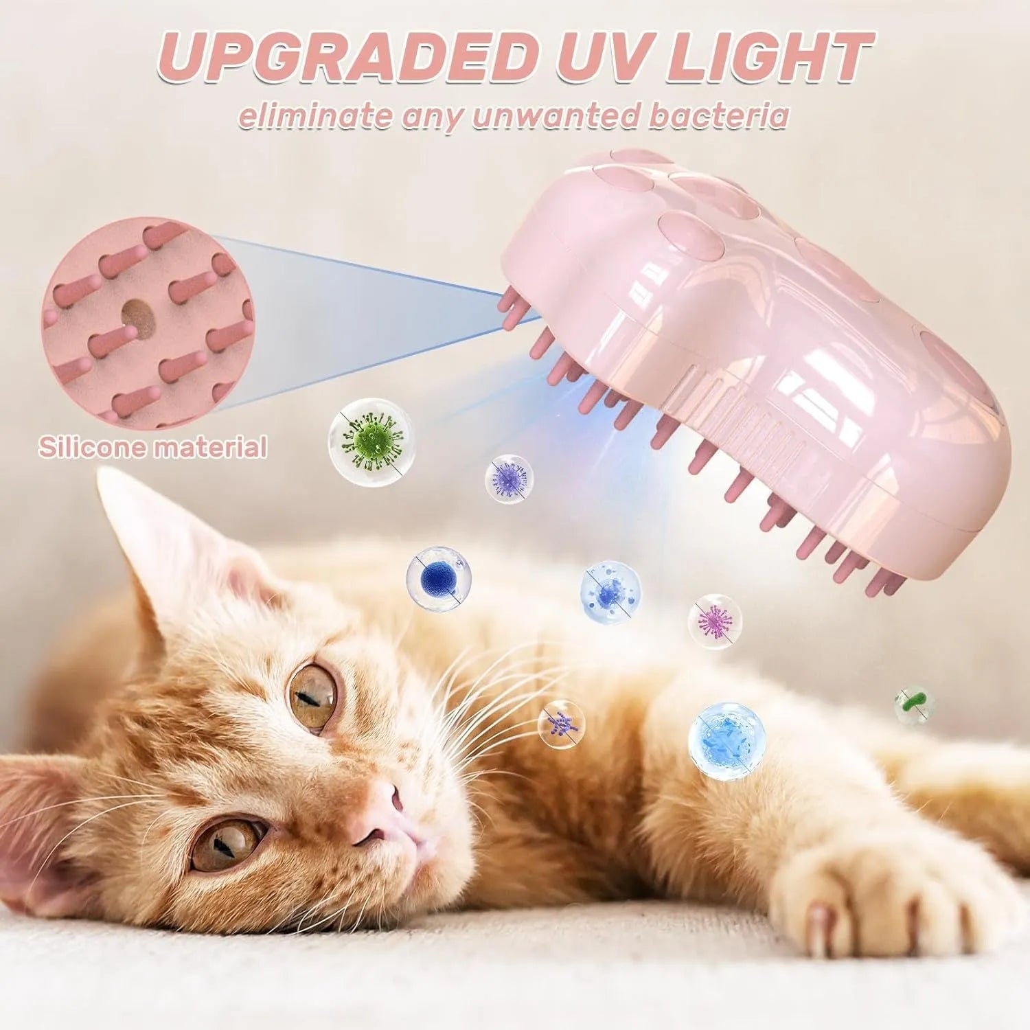 Self-cleaning cat steam brush with silicone bristles, spray nozzle, and release button in blue, green, or pink