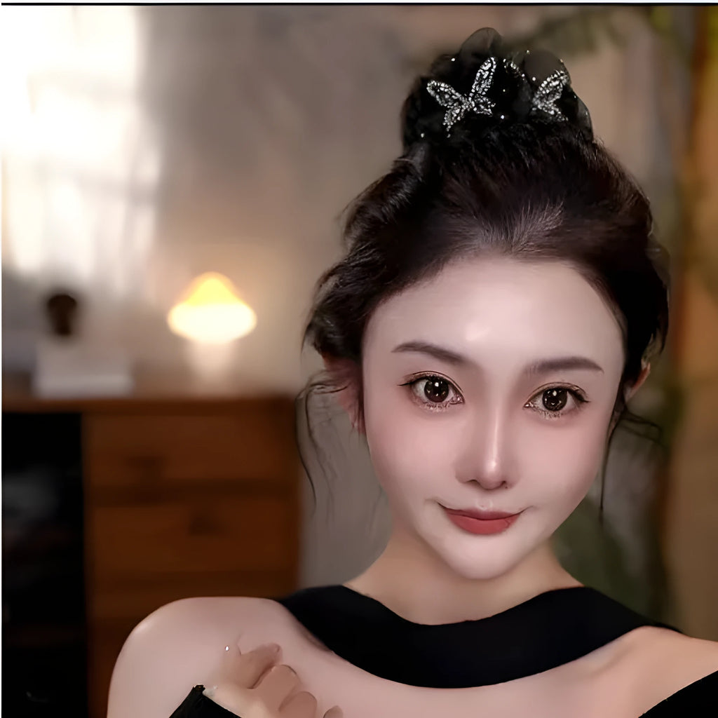Double butterfly black veil bun grip barrette for women, single black hair accessory with butterfly detail