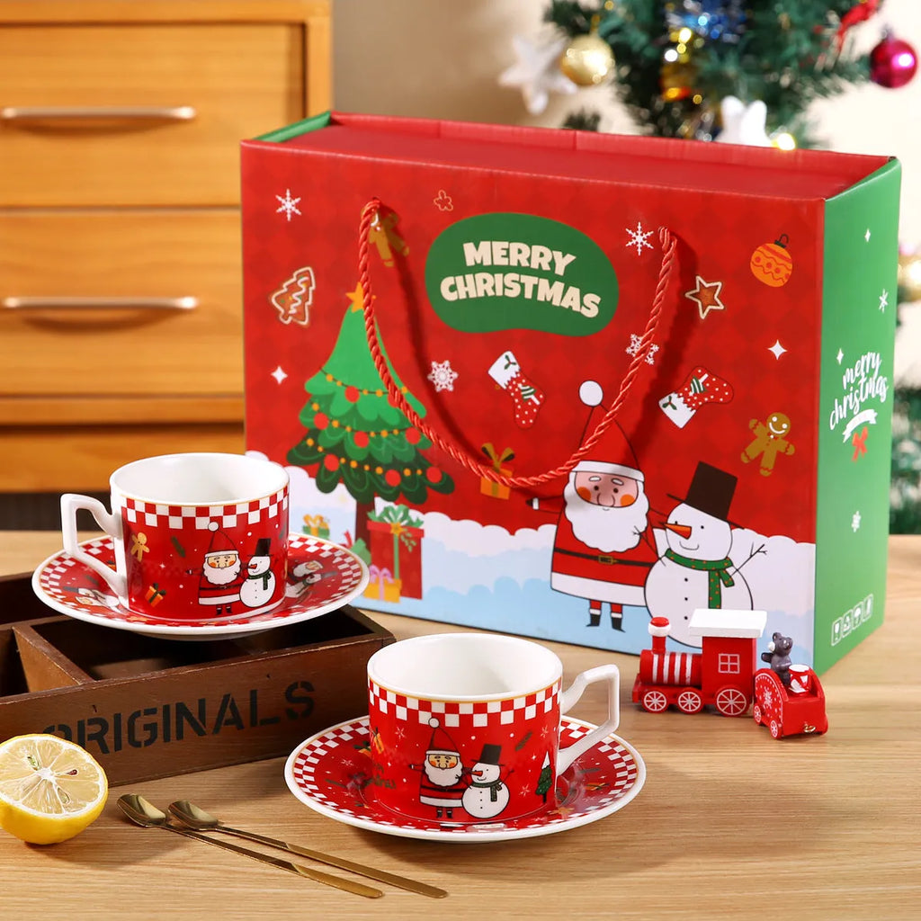 Nordic Santa Claus ceramic coffee mug set with spoon, 200ml capacity, height 6.8cm, caliber 8.5cm, cartoon Santa pattern