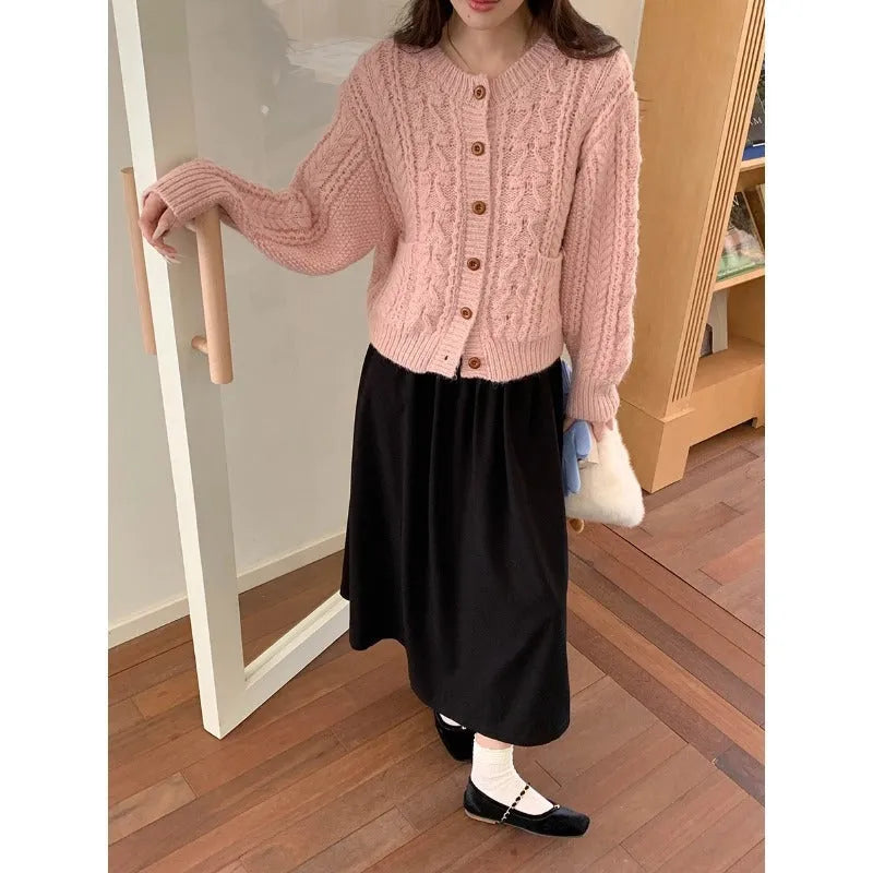 Womens knitted cardigan sweater with thick twisted texture in solid beige, short 40cm length