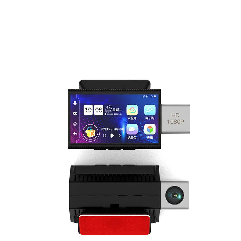 4G tachograph car dash cam with front and rear cameras, black plastic housing, touch screen display
