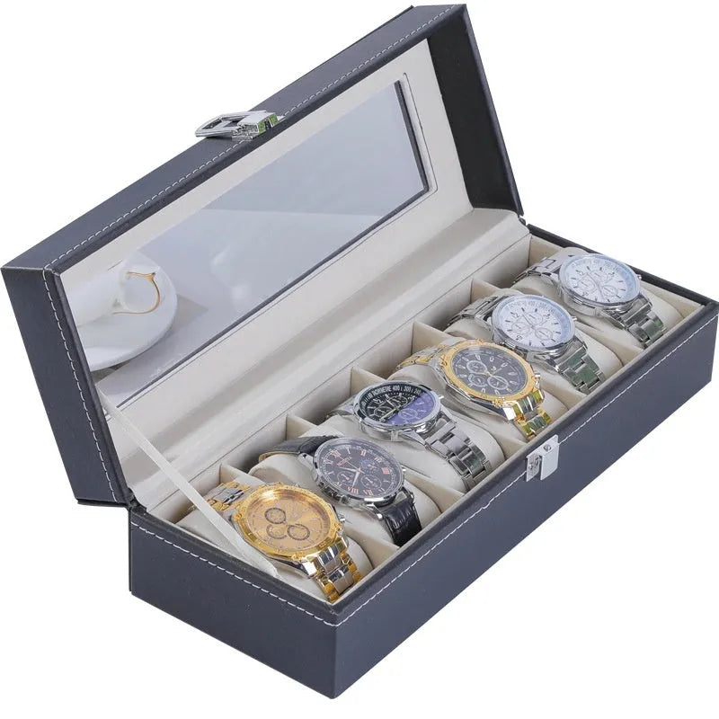 Grey high-grade leather watch storage box with clear acrylic dustproof lid, showing multiple watch capacity options.