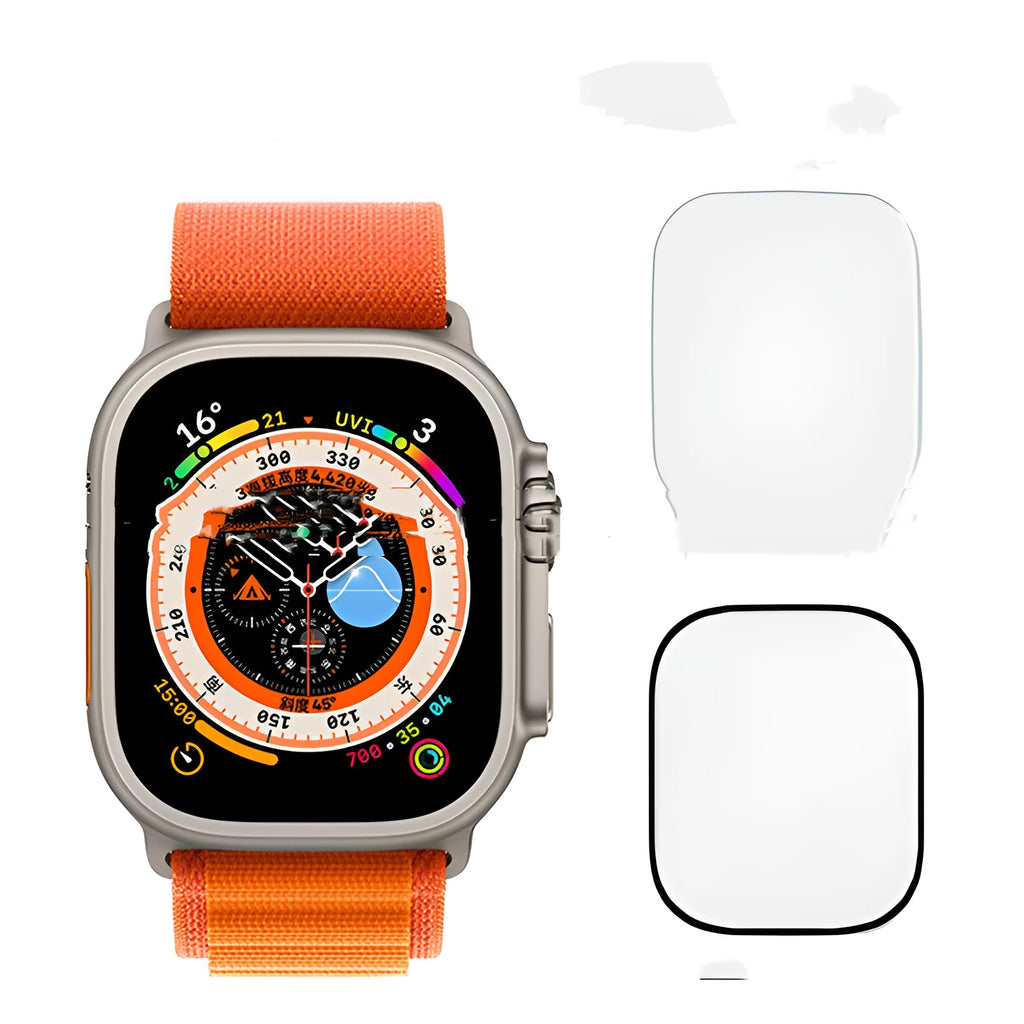 Tempered glass screen protector on an Apple Watch Ultra 49mm case, showing transparent coverage