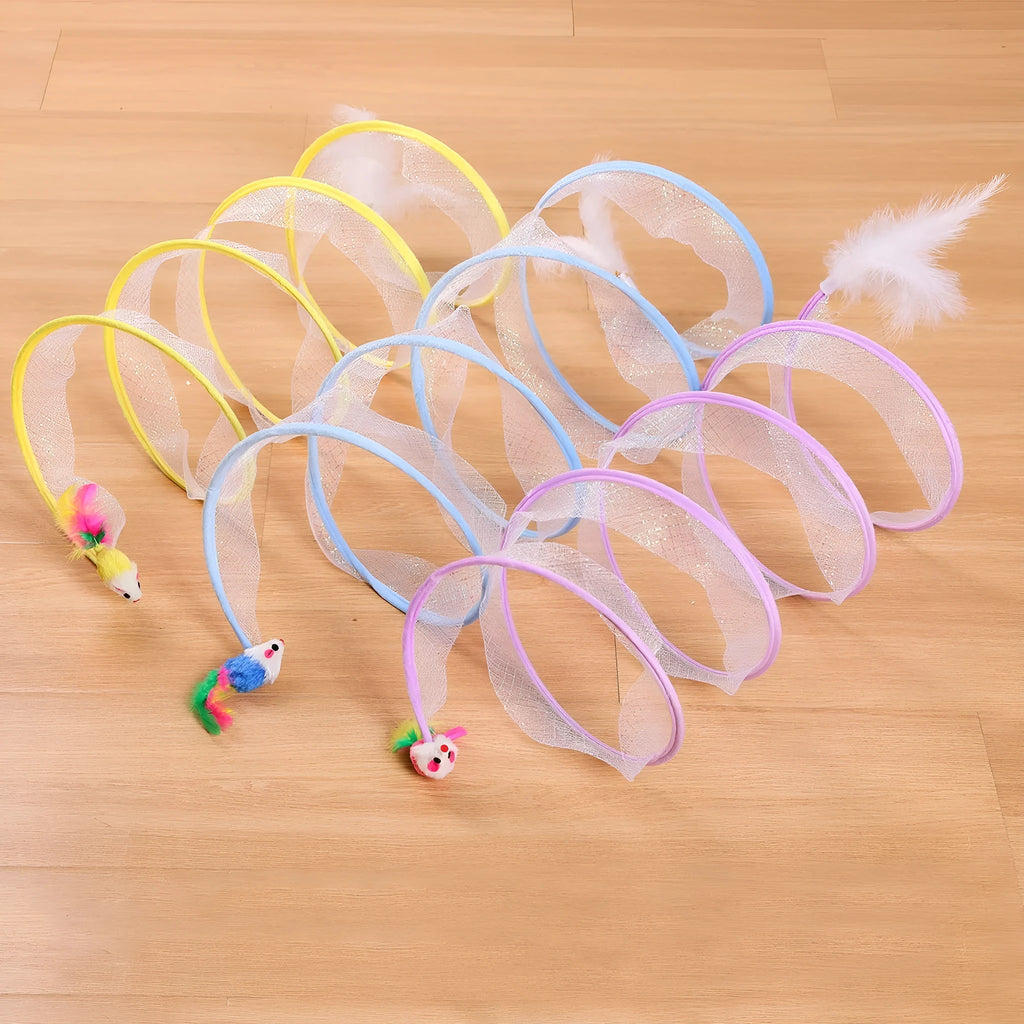 S-type steel frame cat tunnel with elastic netting and dangling feather toys for feline play