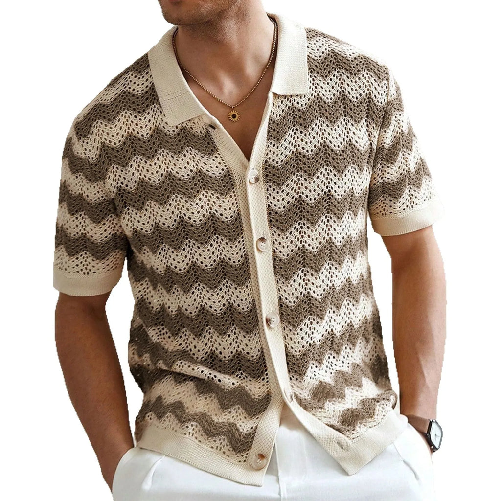 Short sleeve corrugated knit sweater in blue, brown, or yellow with a textured hollow jacquard and flocking design.