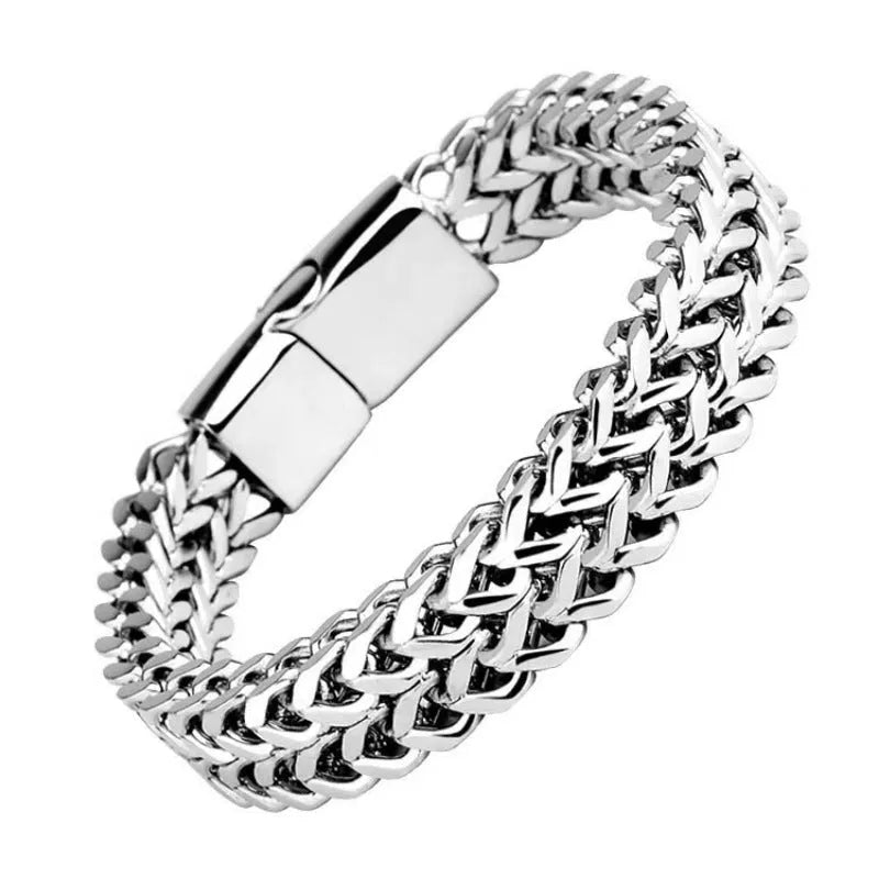 Silver geometric stainless steel bracelet with front and back hip hop design details