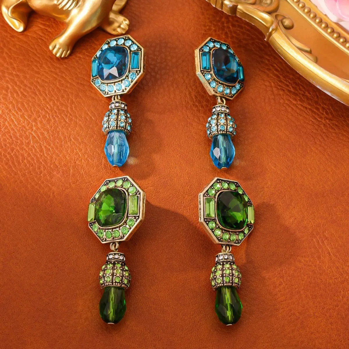 Full-jeweled octagonal copper alloy stud earrings in blue colour with geometric Chinese style design
