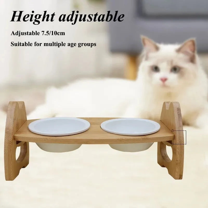 Height adjustable bamboo and ceramic double pet bowl stand with wooden frame, original wood colour, suitable for cats and dogs