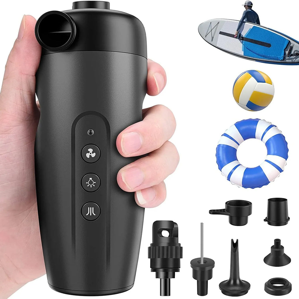 Black portable wireless inflator pump with LED light for outdoor and household use