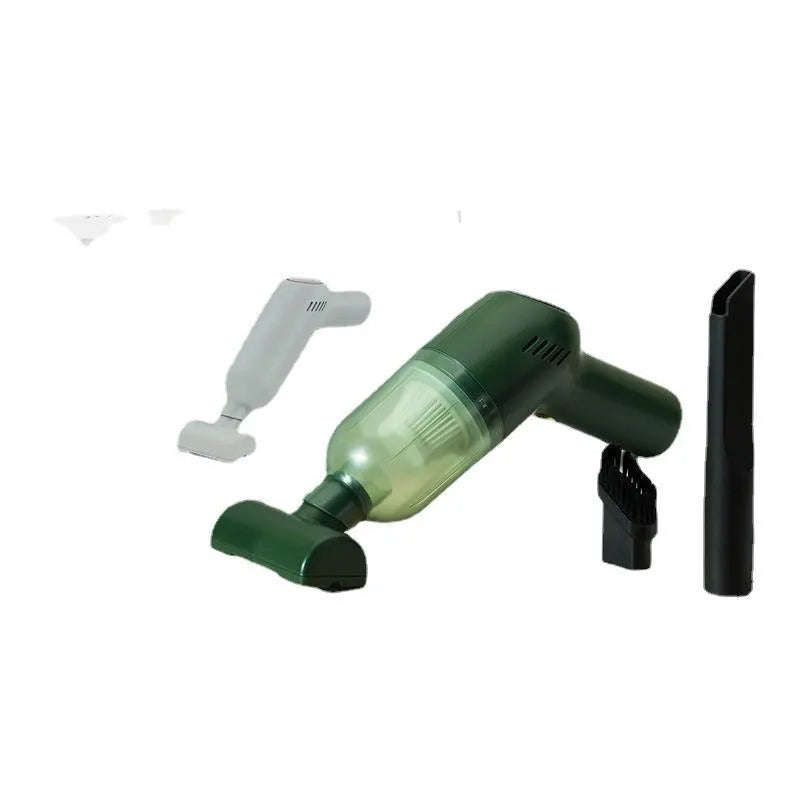 Electric cat and dog hair suction cleaner in green, USB powered, 244x72x157mm, with two suction heads on a fabric surface.