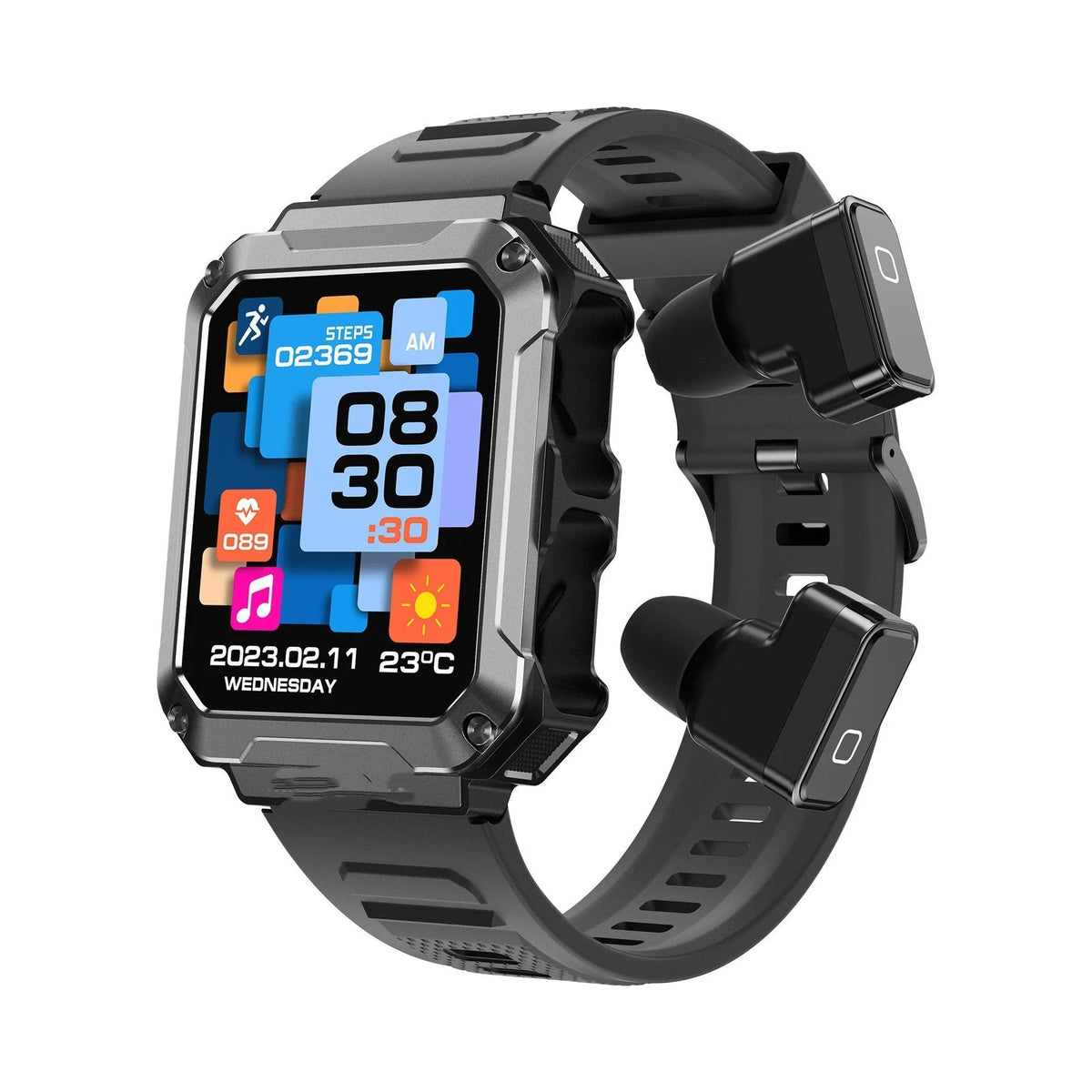 2-in-1 Bluetooth call smart watch with silicone band and aluminium alloy case, available in black, silver, green, and yellow.