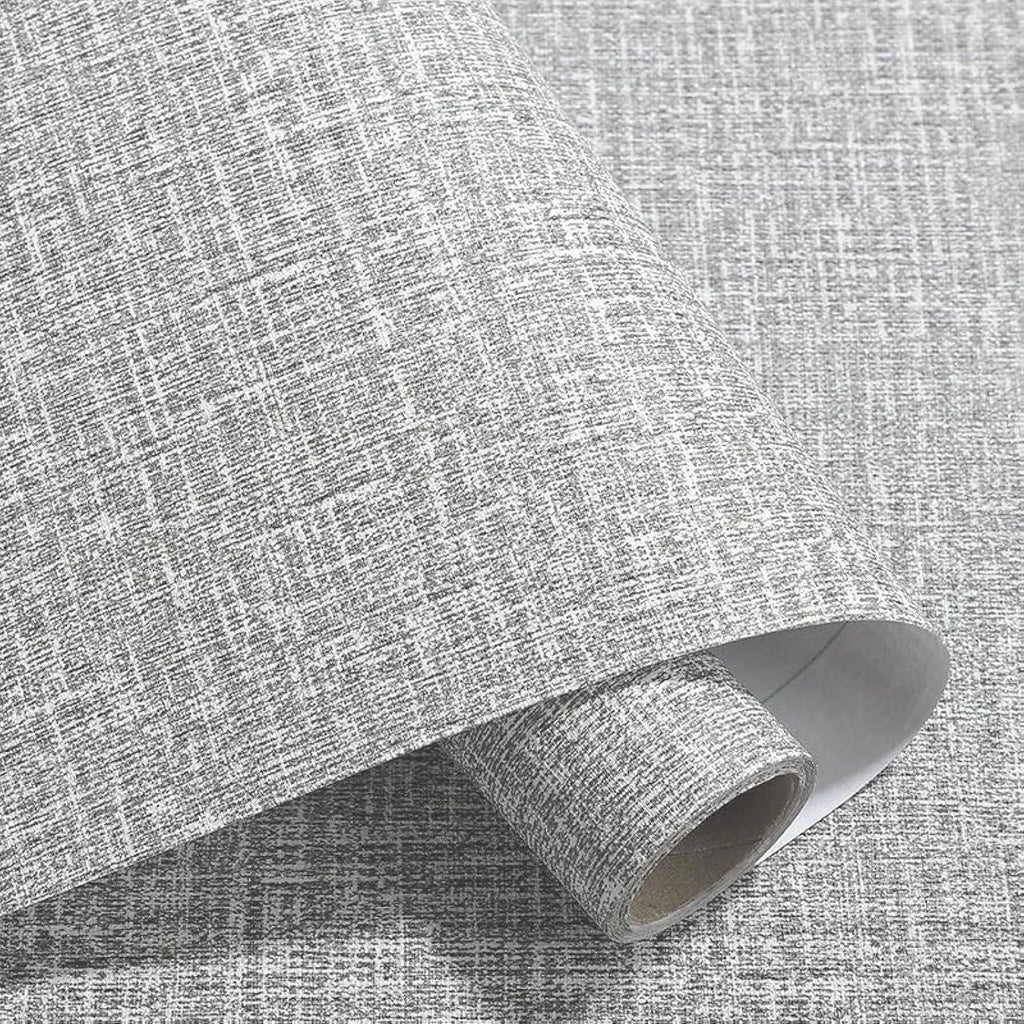 Linen textured self-adhesive wallpaper roll showing grey colour option with measurement diagram