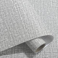 Linen textured self-adhesive wallpaper roll showing grey colour option with measurement diagram