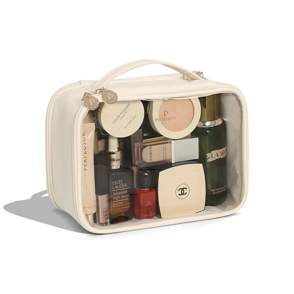 PVC leather transparent cosmetic bag in multiple colours showing waterproof construction and organisation compartments