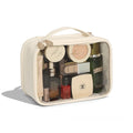 PVC leather transparent cosmetic bag in multiple colours showing waterproof construction and organisation compartments